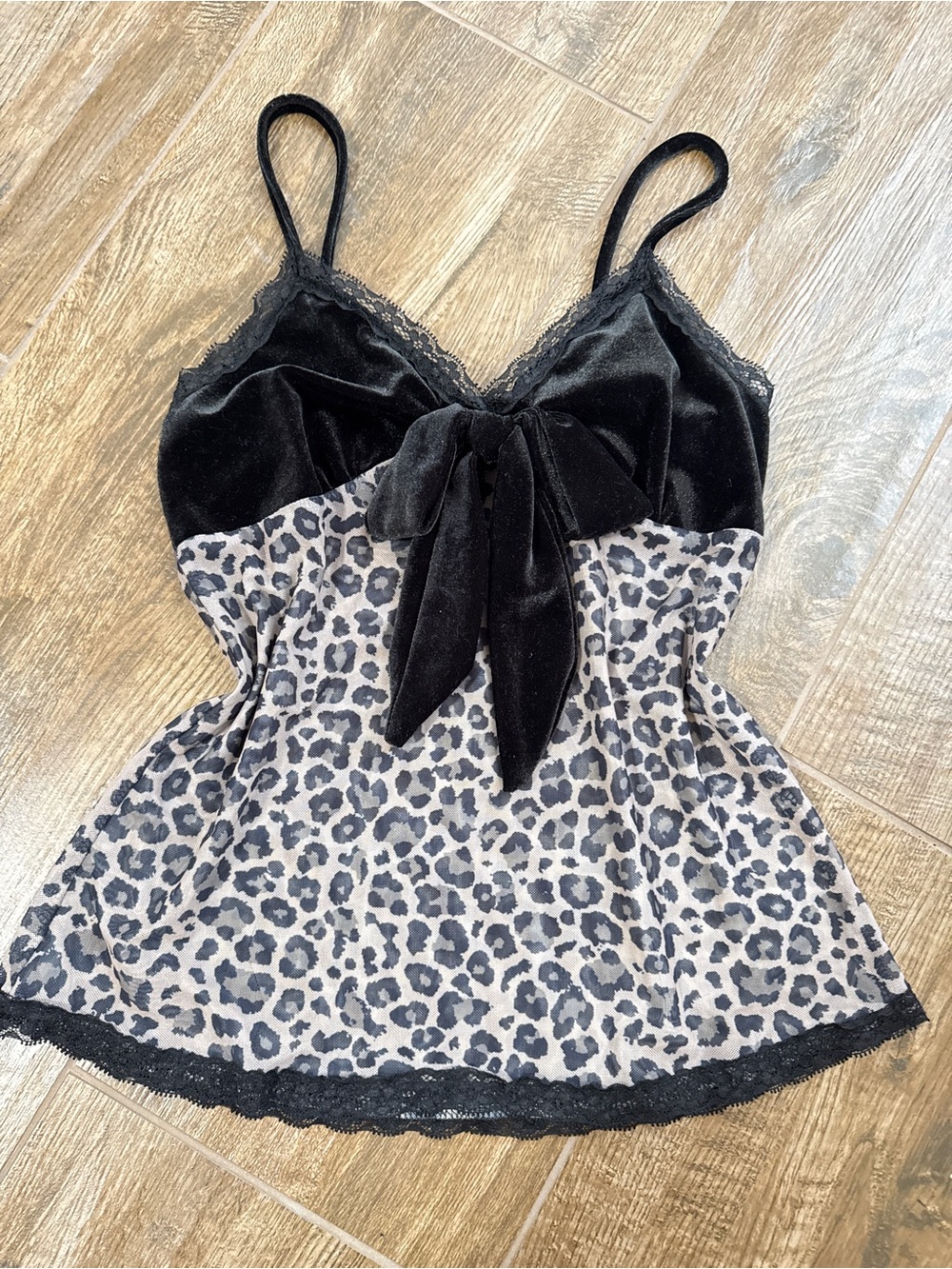 Black Velvet & Leopard Print Cami Top with Bow